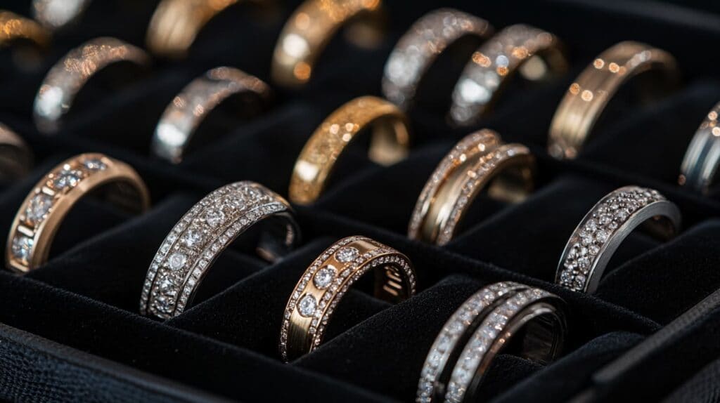 Close-up of diamond and gold rings in a jewelry store display case, showcasing intricate designs and craftsmanship.