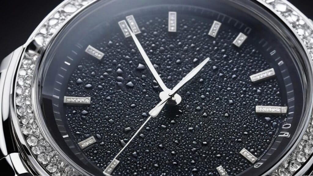 Diamond bezel luxury watch showing water droplets and condensation inside the crystal face