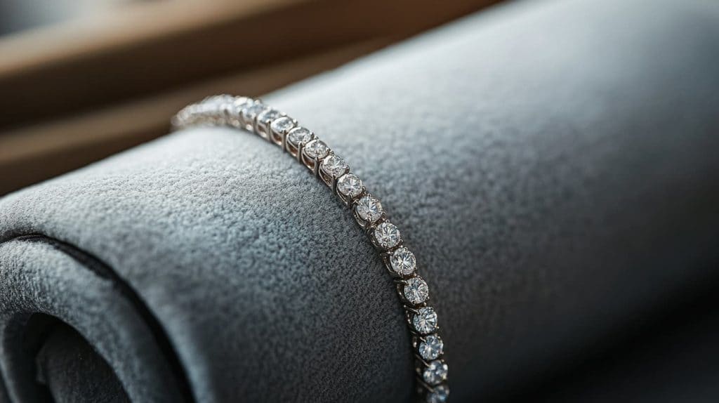 Diamond tennis bracelet secured on a padded roll, showcasing proper packing techniques to prevent scratches and bending during transport.