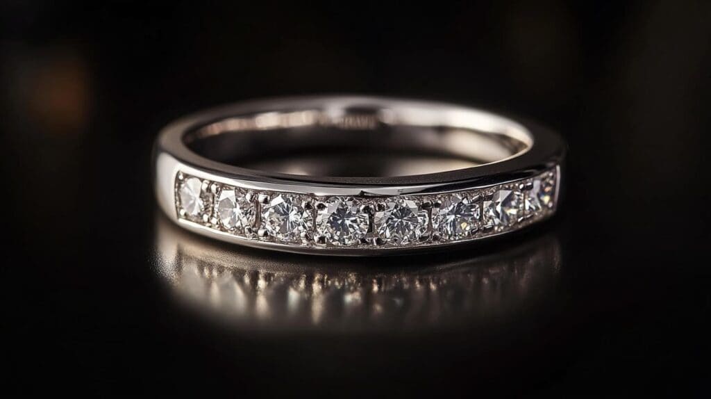 Platinum ring with round diamonds set in a channel design, elegantly displayed against a dark background for a dramatic effect.