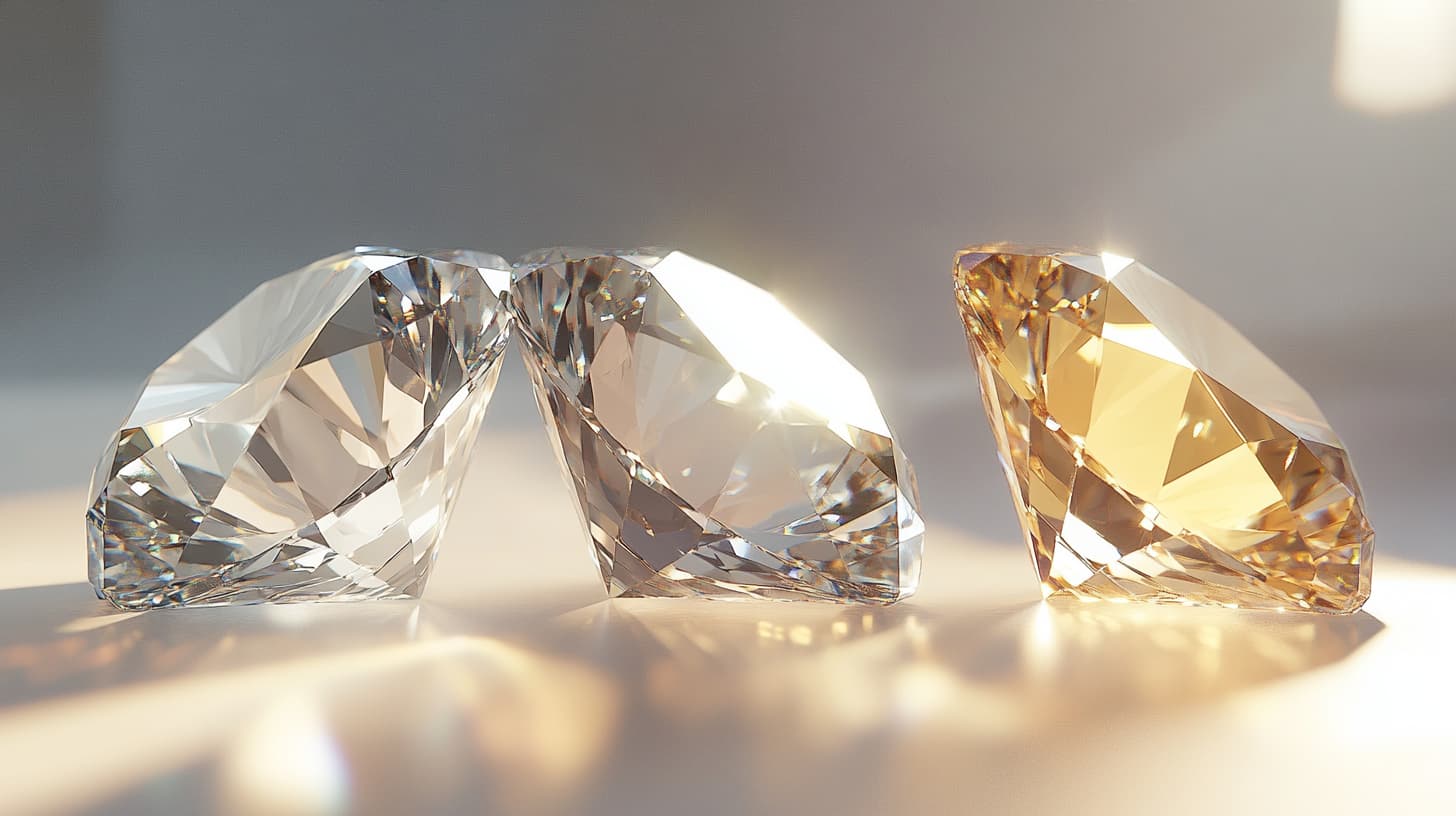 Three diamonds side by side ranging from colorless to warm yellow tint