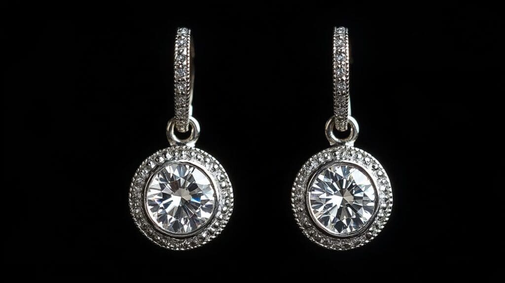 Pair of diamond drop earrings with circular milgrain borders, enhancing their vintage elegance and intricate craftsmanship.