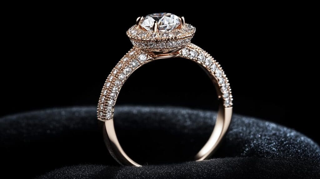 Close-up view of a diamond engagement ring with intricate detailing, displayed on a black velvet background.