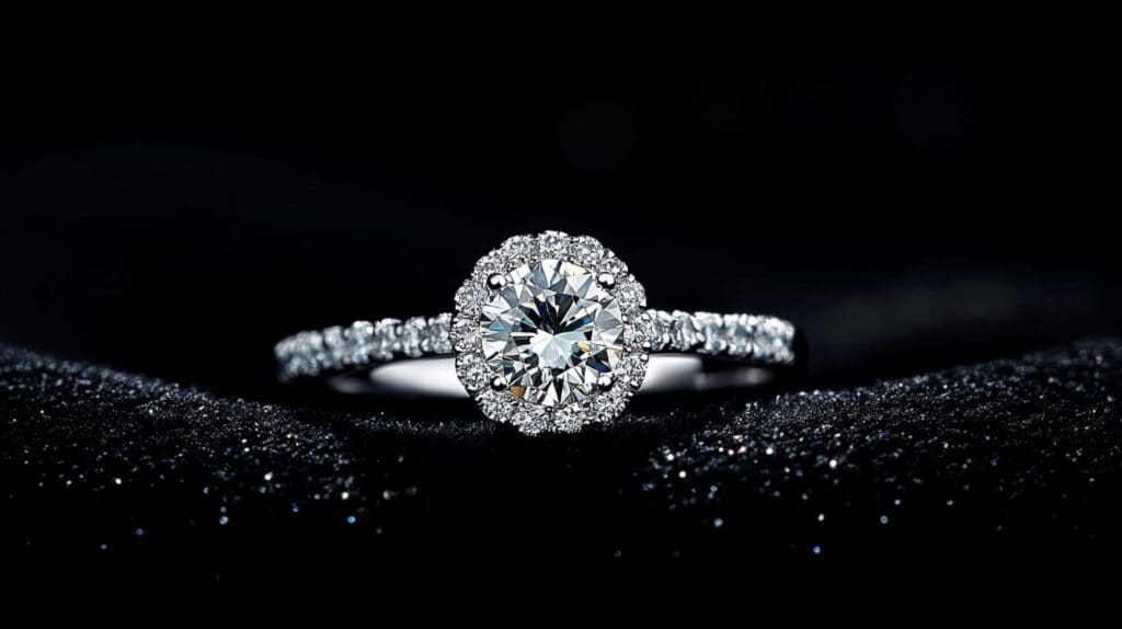 Close-up of a diamond engagement ring with a halo setting and a sparkling band, displayed on a glittering black surface.