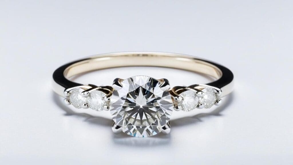 Three stone diamond engagement ring with round center diamond and two side diamonds in white gold setting