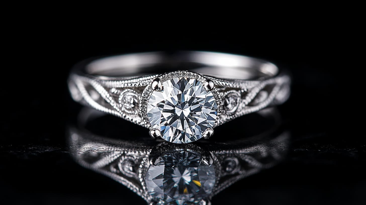 Vintage-style diamond ring with milgrain halo and scrolled shoulders on black