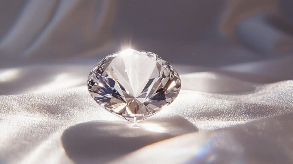 A sparkling diamond gemstone reflecting light, placed on a soft surface, representing the durability and proper cleaning methods for diamonds.