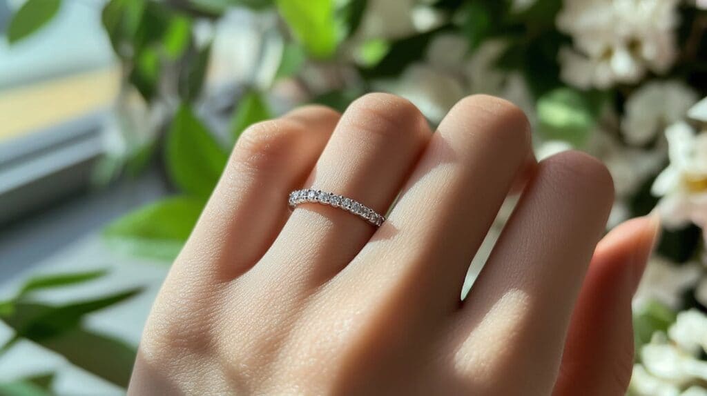 A delicate diamond half eternity band worn on a hand, sparkling in soft natural light, perfect for weddings or anniversaries.
