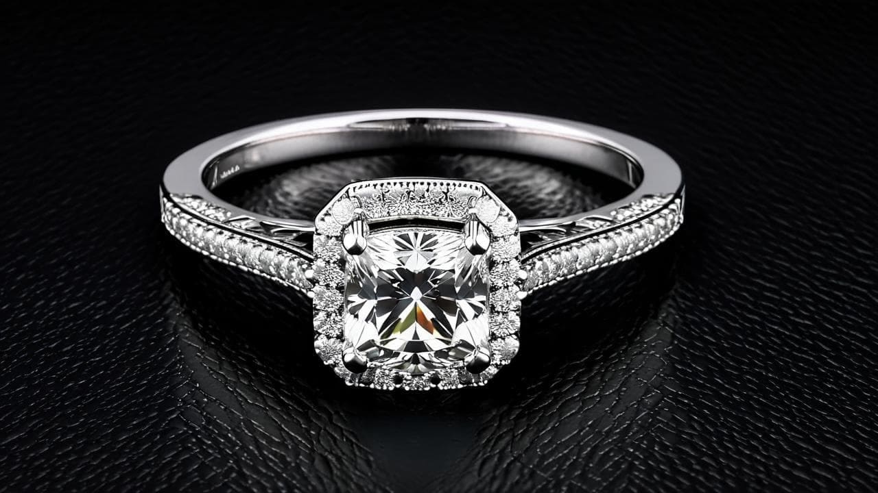 Vintage-style cushion diamond engagement ring with milgrain halo on black leather