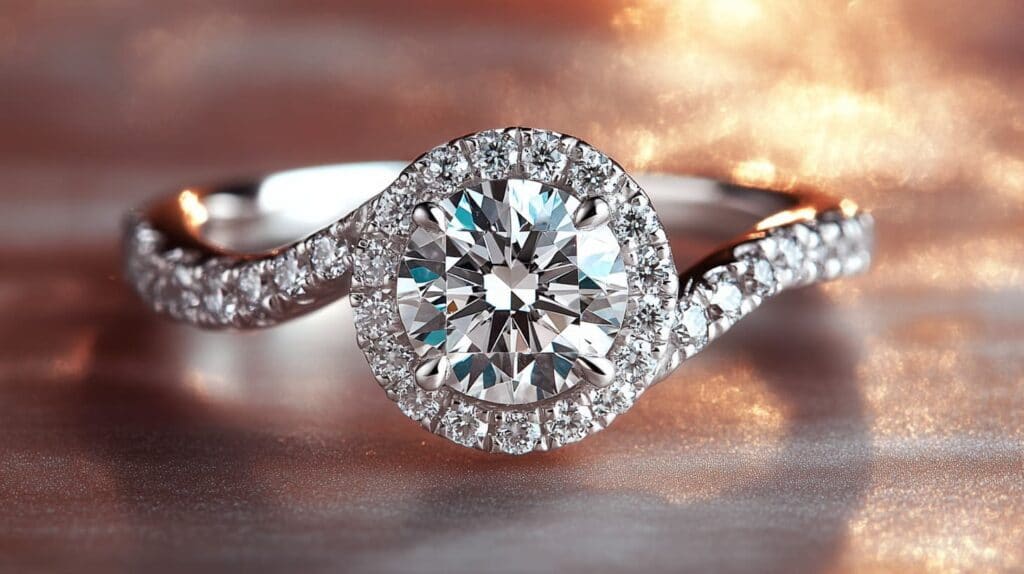 Close-up of a platinum engagement ring featuring a round diamond center stone surrounded by a halo of smaller diamonds, with a twisting diamond-encrusted band.