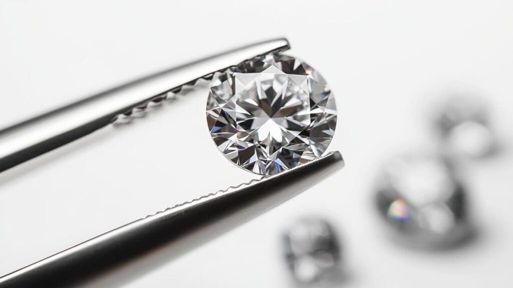 A loose round-cut diamond held by tweezers during a gemstone inspection, illustrating key methods for diamond authentication and verification.