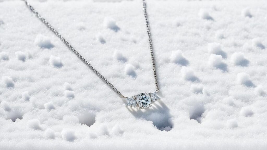 A diamond pendant necklace lying in fresh snow, highlighting the impact of winter weather on fine jewelry.