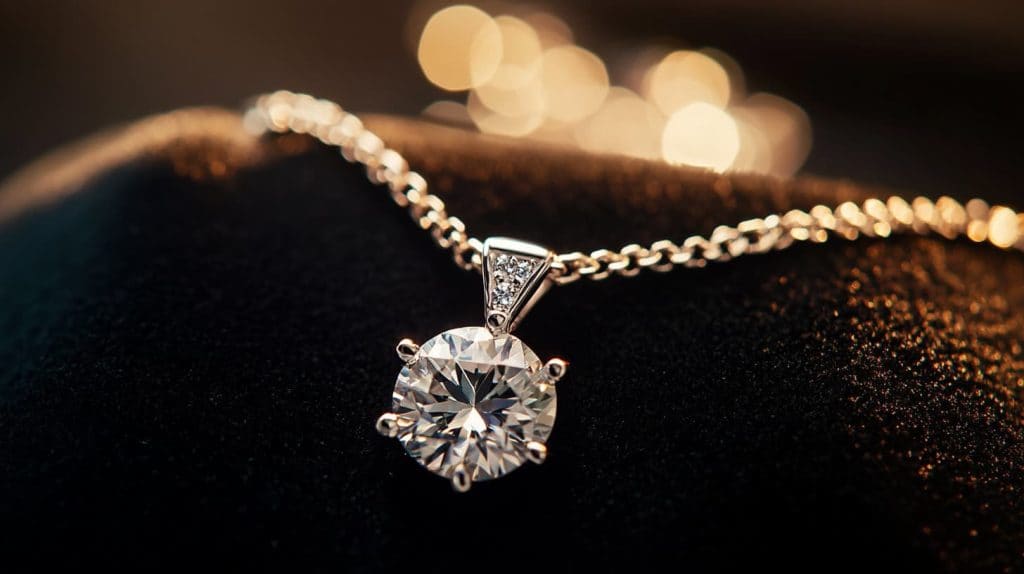 A radiant diamond pendant necklace on a gold chain, combining classic elegance with meaningful symbolism for anniversary celebrations.