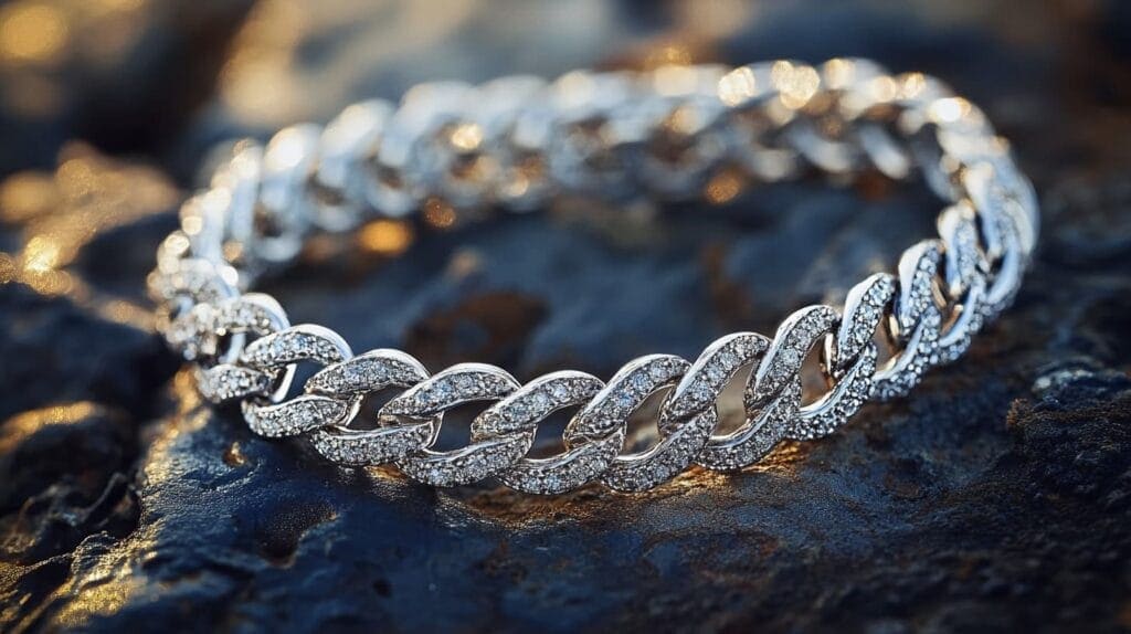 Diamond-encrusted platinum bracelet on a dark surface, highlighting a safe jewelry metal that avoids green stains.