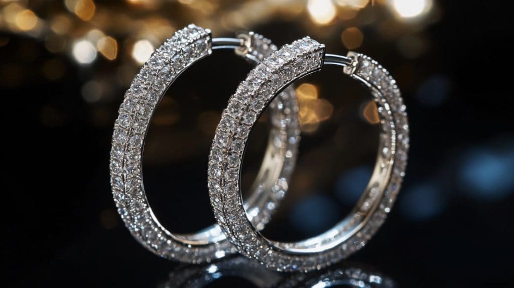 A pair of diamond-encrusted platinum hoop earrings with a sparkling finish, set against a soft, blurred golden background.