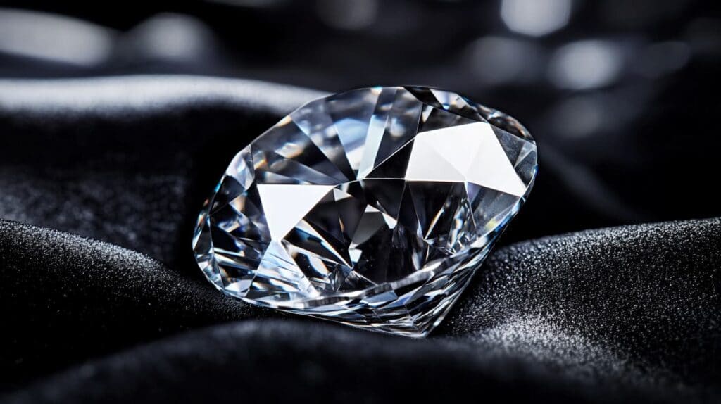 A dazzling brilliant-cut diamond precious gemstone placed on luxurious black fabric, reflecting light with exceptional clarity and fire.