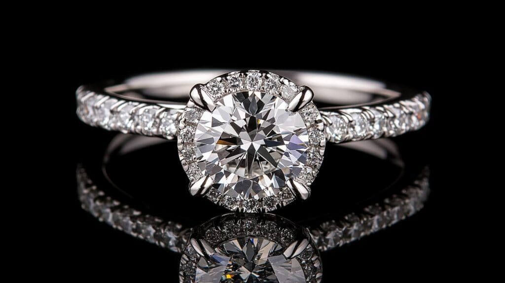 Brilliant diamond engagement ring on a reflective black background, emphasizing the clarity and sparkle achieved with proper cleaning techniques.