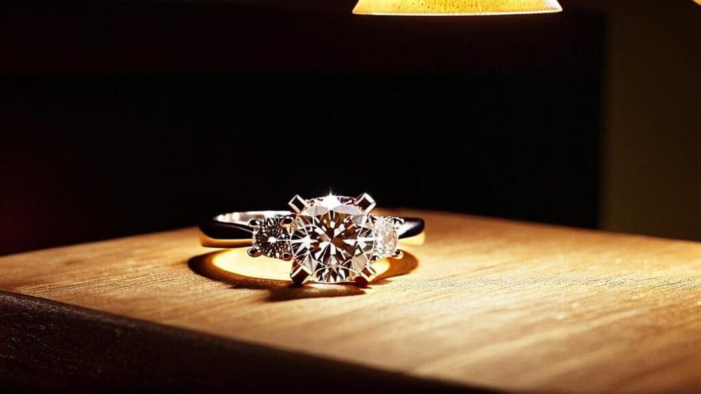 Diamond engagement ring positioned on wooden testing surface, ideal setup for diamond tester authentication
