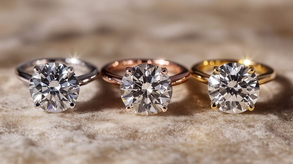 Three diamond engagement rings in platinum, rose gold, and yellow gold settings, illustrating how metal choice affects diamond appearance.