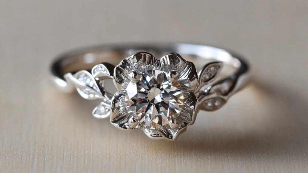 Diamond ring with a rose-inspired silver setting, blending classic elegance with floral symbolism in fine jewelry.