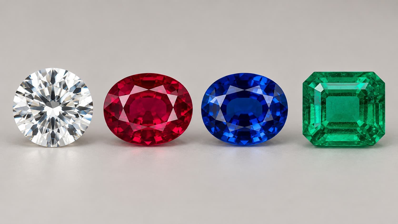 Diamond, ruby, sapphire, and emerald gemstones compared side by side