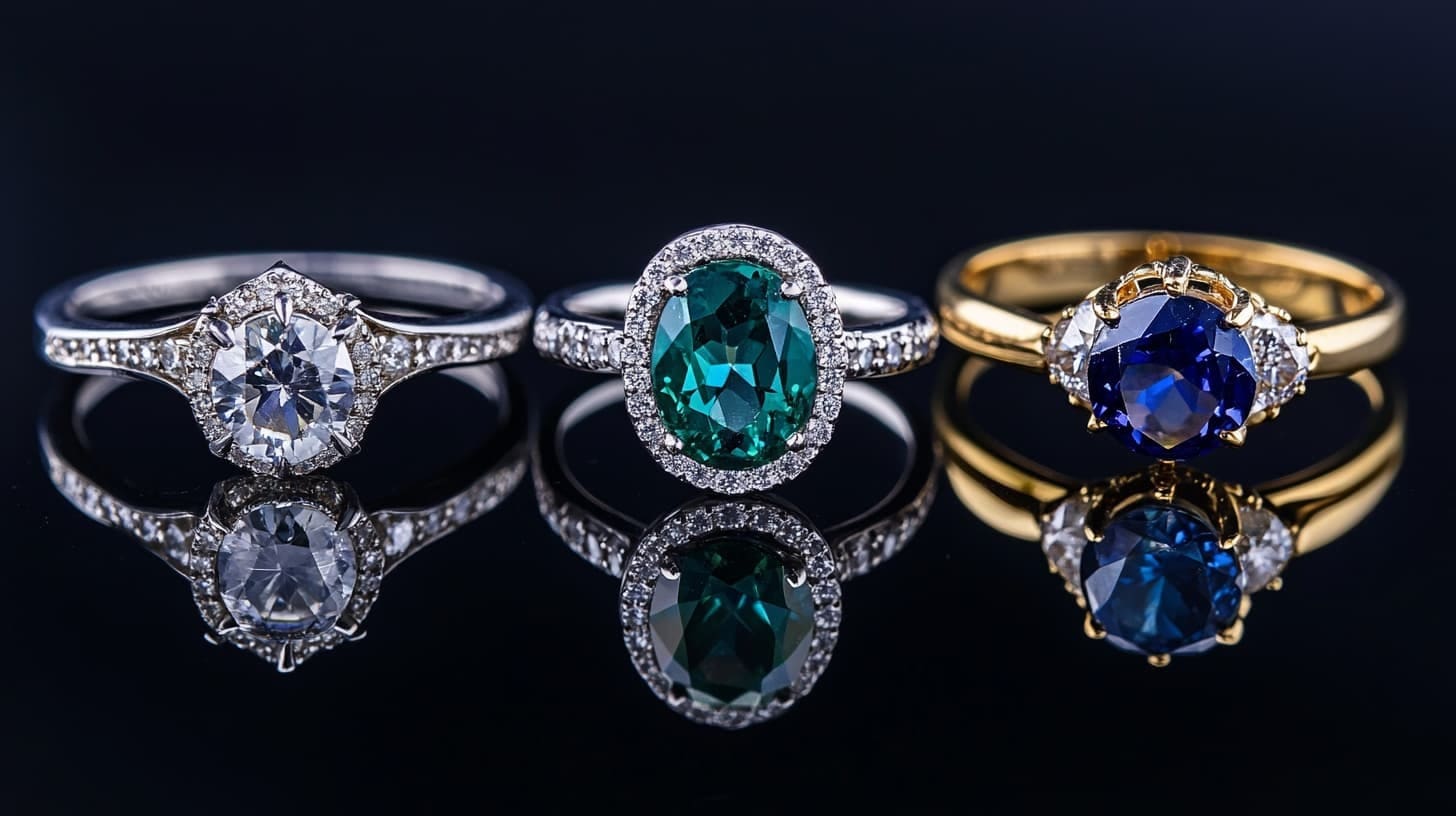 Diamond, emerald and sapphire halo engagement rings reflected on black glass