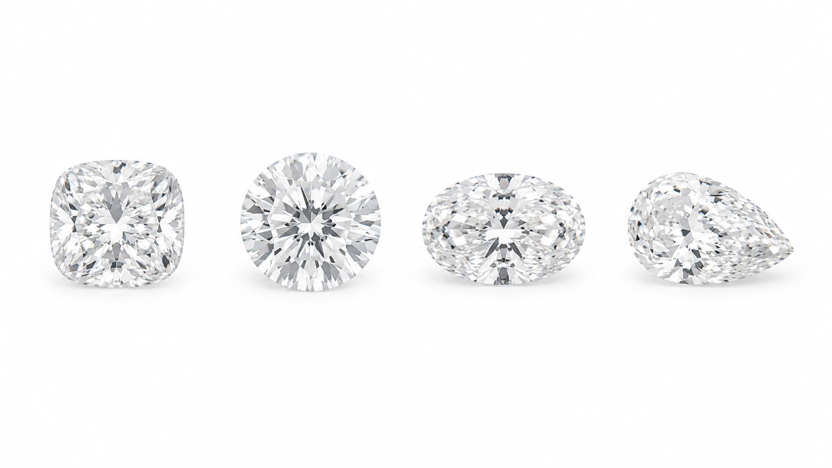 Cushion, round, oval, and pear cut diamonds shown side by side