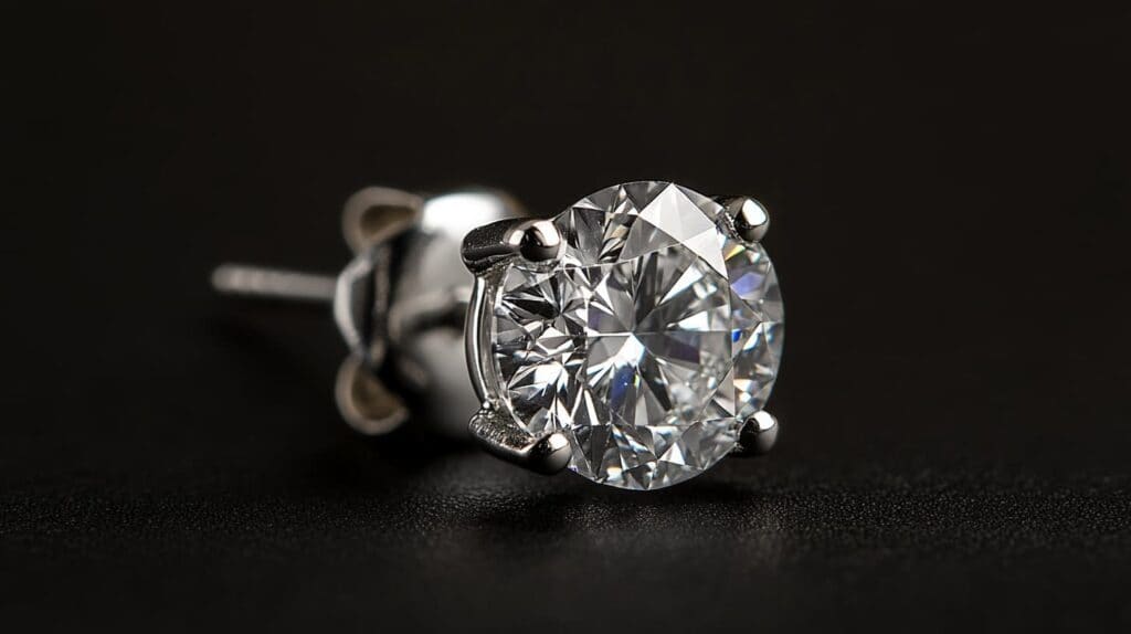 Diamond stud earring in a secure four-prong setting, showcasing brilliance and timeless design.