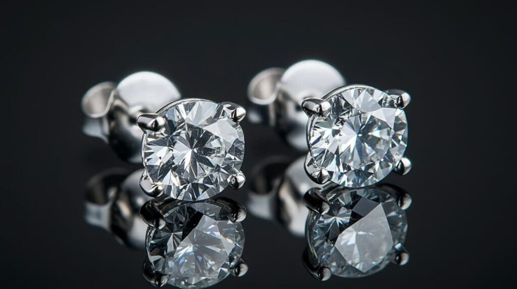 Classic round-cut diamond stud earrings set in polished metal, displayed on a reflective black surface.