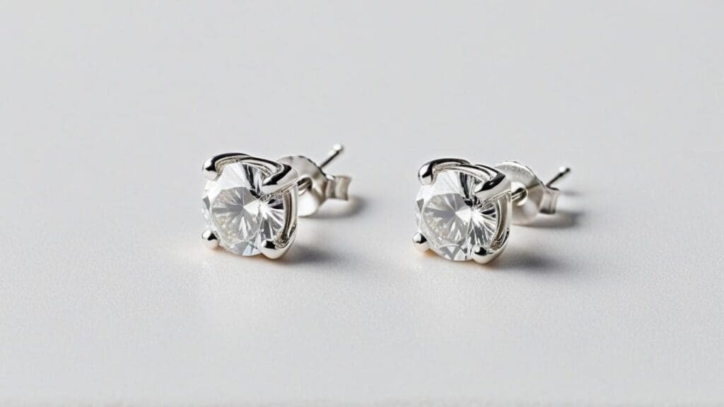 Diamond stud earrings in sterling silver with secure prong settings on light gray background