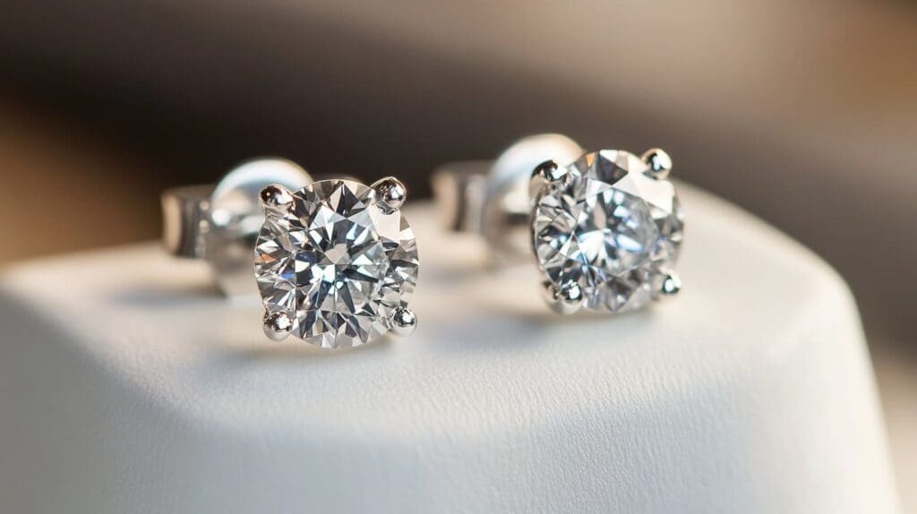 Sparkling diamond stud earrings set in white gold, displayed on a white surface for a timeless and classic look.