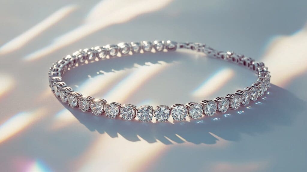 Elegant diamond tennis bracelet with round-cut diamonds shimmering under soft, natural light, displayed on a pastel-colored surface.