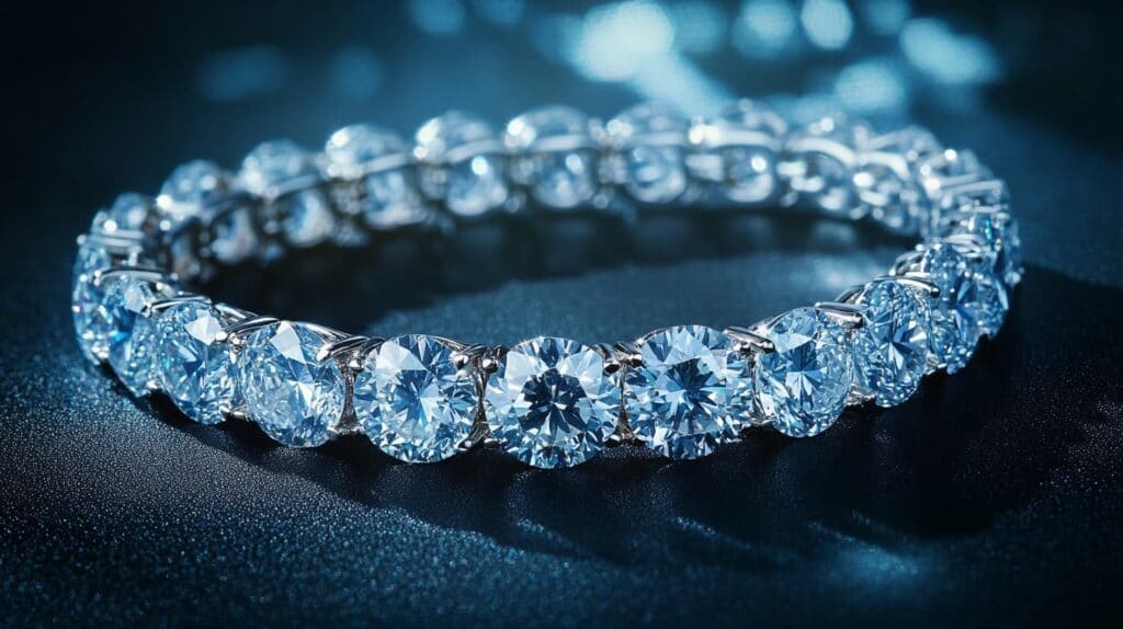 Close-up of a diamond tennis bracelet with round-cut diamonds sparkling against a dark blue background.