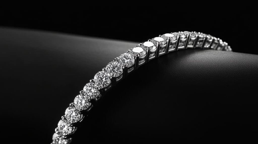 Close-up of a diamond tennis bracelet with precisely matched round-cut diamonds in platinum settings, showcasing timeless elegance and investment potential.