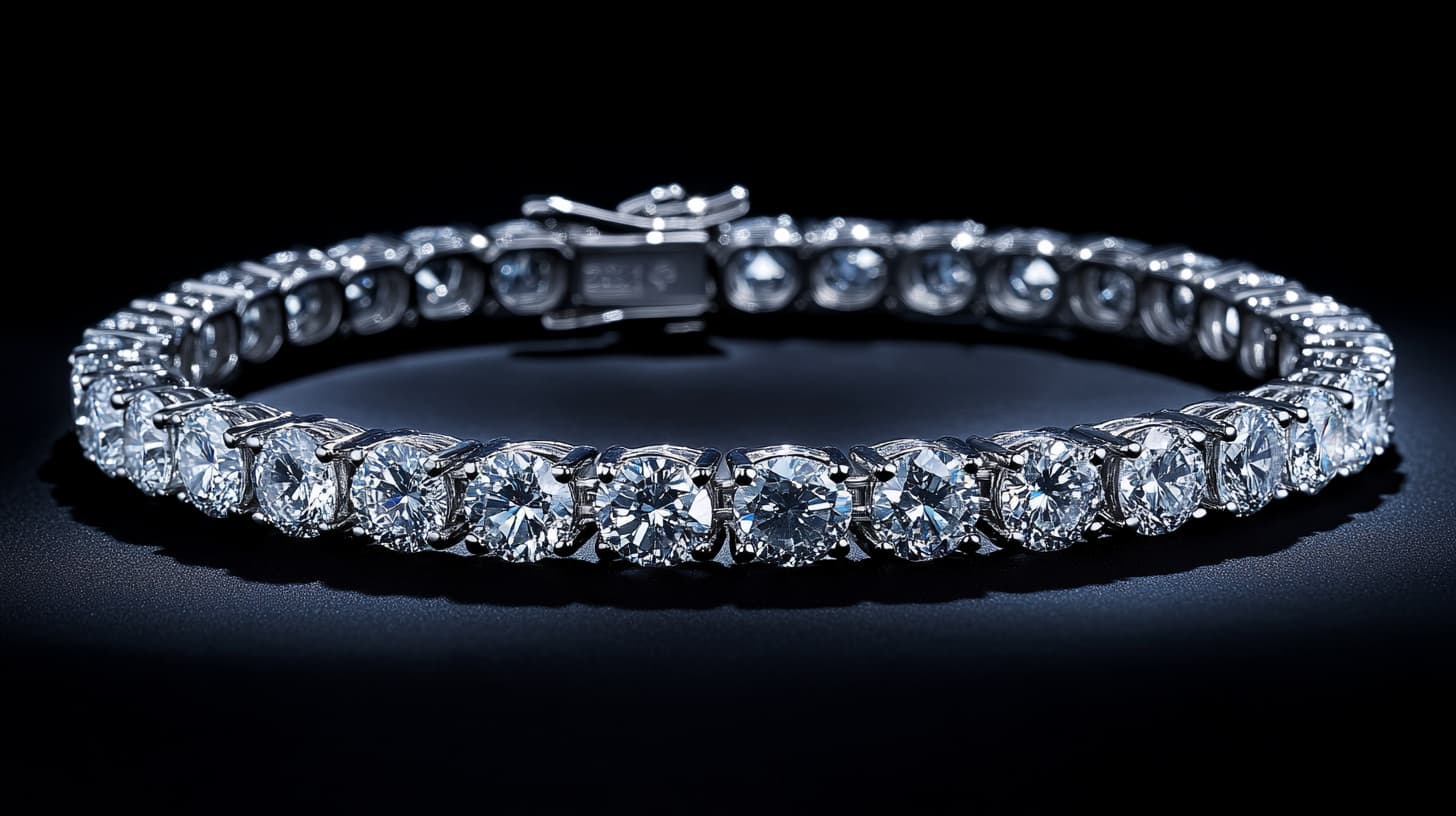 Diamond tennis bracelet with round stones in white gold on a dark surface