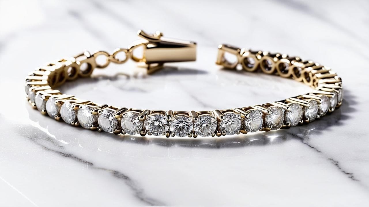 Gold diamond tennis bracelet with an open box-and-tongue clasp on marble