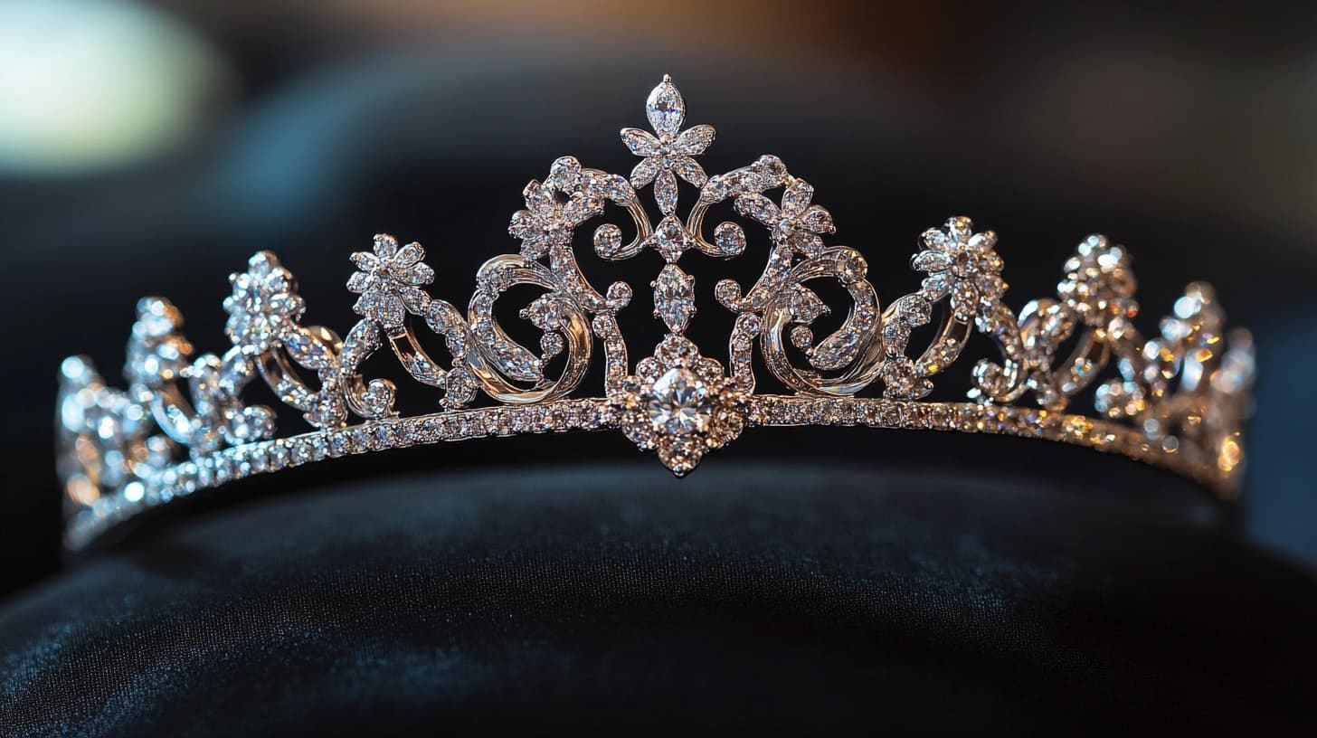 Diamond tiara with scrolling floral motifs displayed on black velvet
