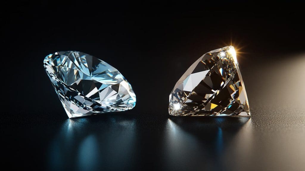 Side-by-side comparison of a diamond and a moissanite gemstone, highlighting differences in sparkle and clarity.