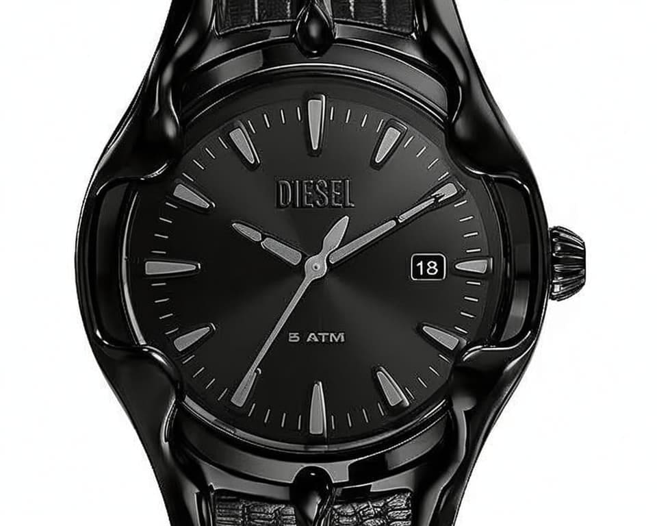 All-black Diesel watch with oversized sculpted case and date window