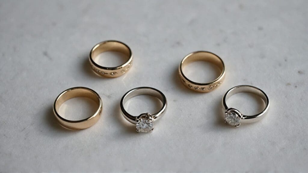Various types of rings including gold wedding bands and diamond engagement rings arranged on marble surface showing different materials affected by hand sanitizer
