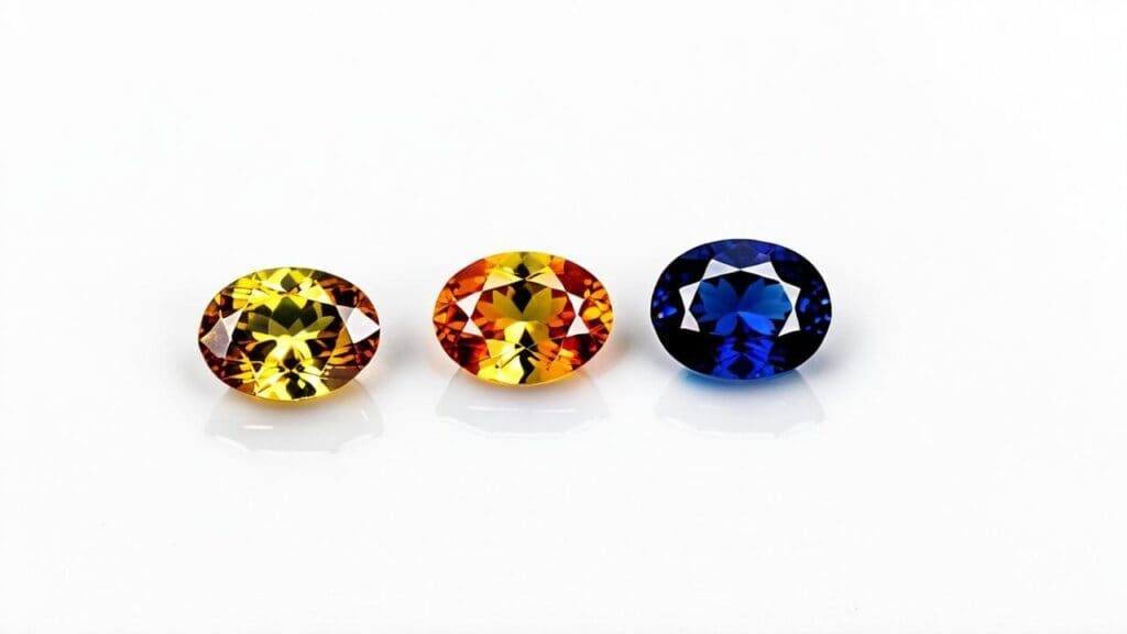 Three diffusion-treated sapphires in yellow, orange, and blue hues, demonstrating the impact of chemical element diffusion on gemstone coloration.