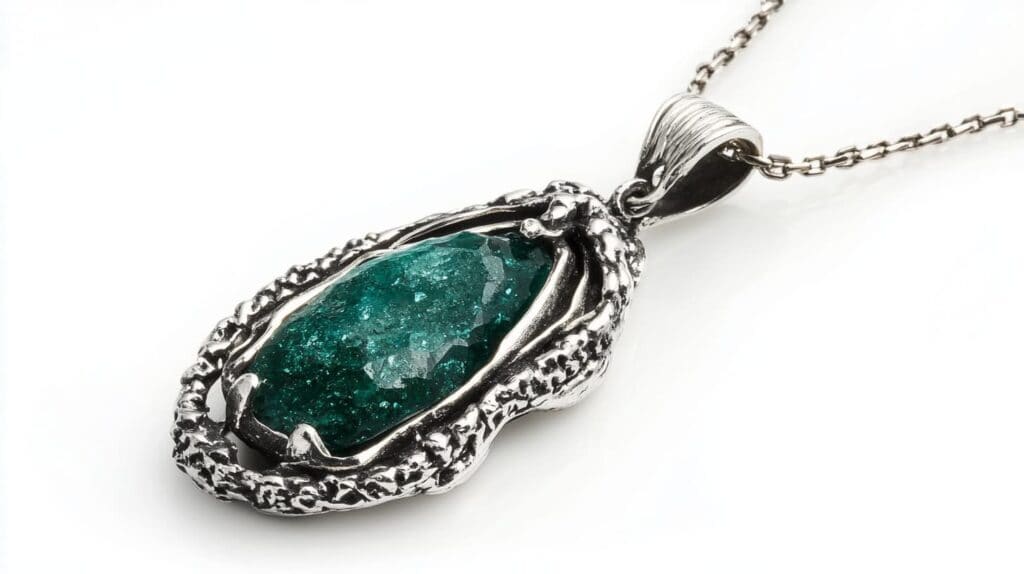 A dioptase gemstone necklace encased in an intricate silver frame, showcasing the mineral’s natural beauty and texture.