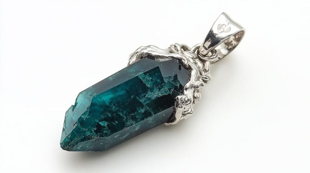 A polished dioptase crystal pendant set in an ornate silver design, highlighting its deep green color and natural inclusions.