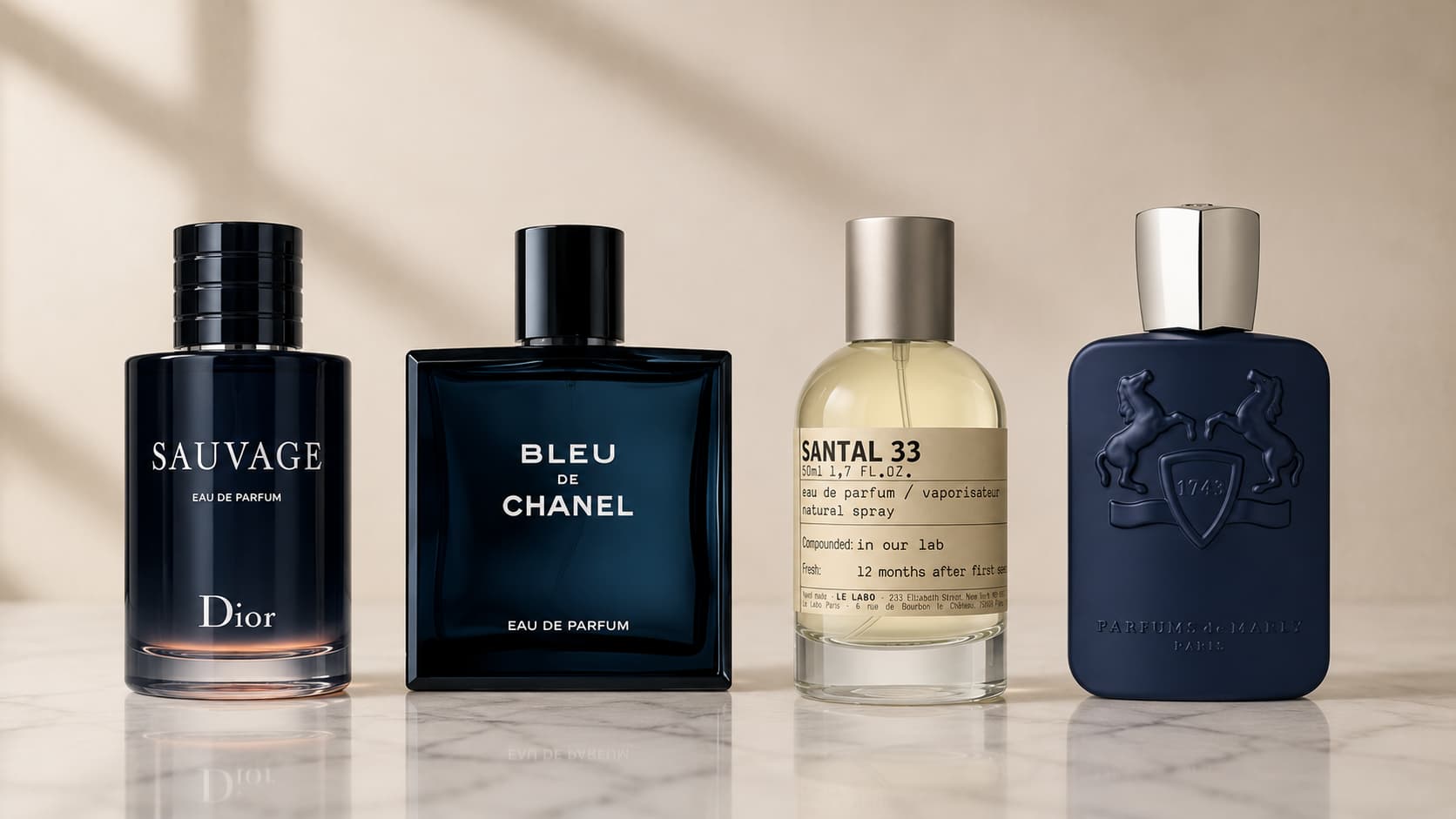 Popular men's signature scents: Dior Sauvage, Bleu de Chanel, Le Labo Santal 33, and Parfums de Marly Layton