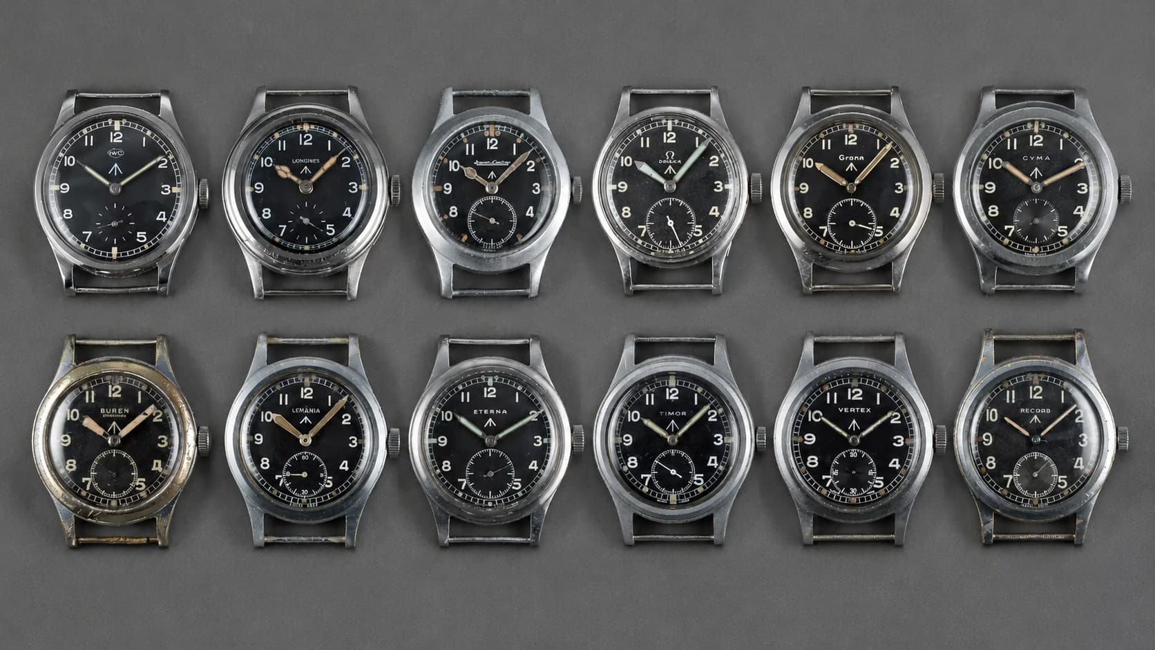 All 12 Dirty Dozen watch brands lined up side by side