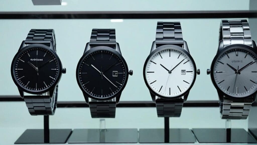 Collection of four modern watches displayed in retail showcase showing various styles affected by magnetization