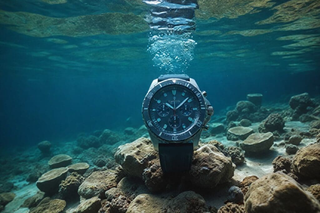 Dive watch underwater on coral reef demonstrating water resistance for beach activities and swimming safety
