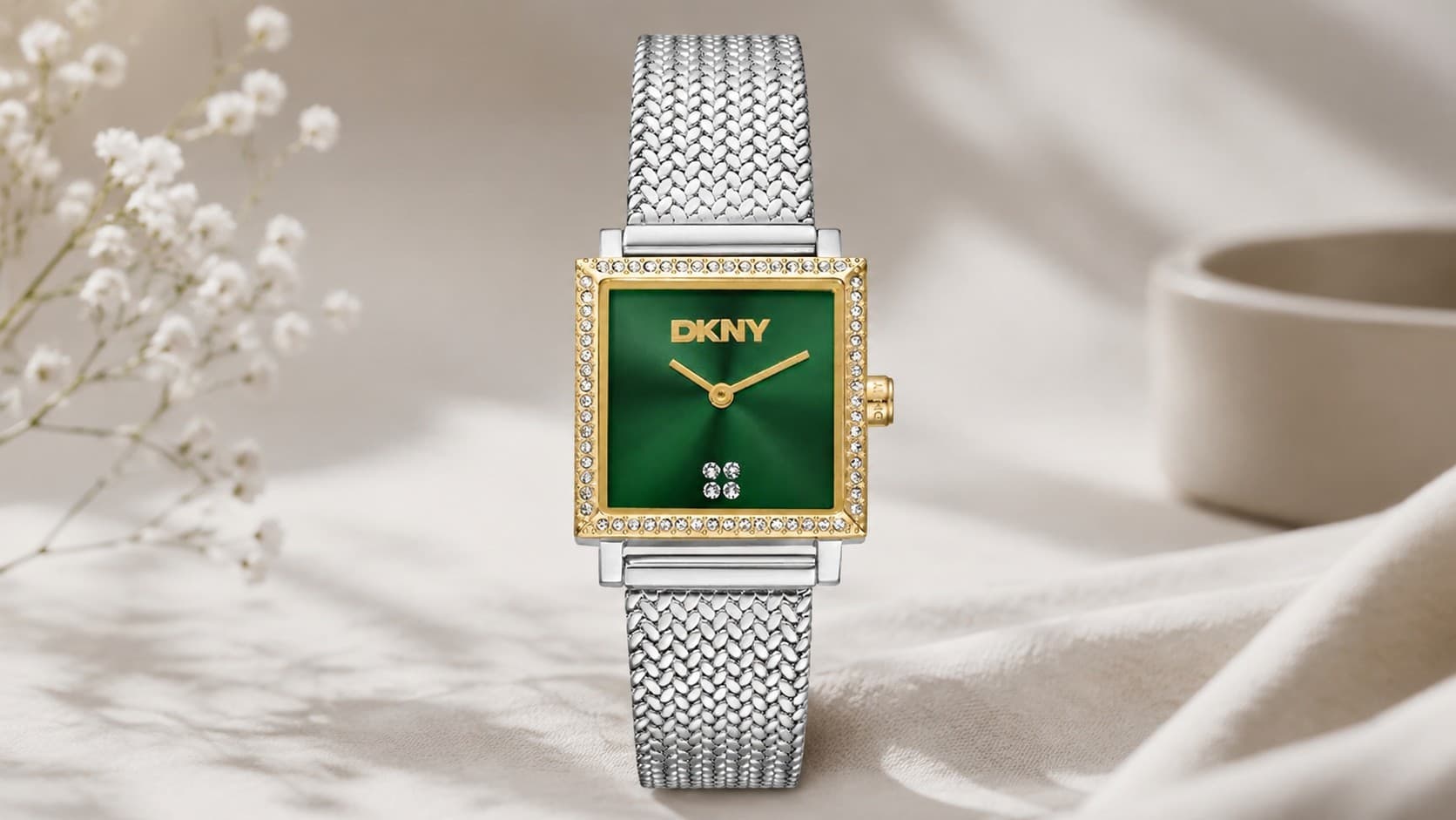 DKNY ladies square Milanese mesh strap watch with green dial