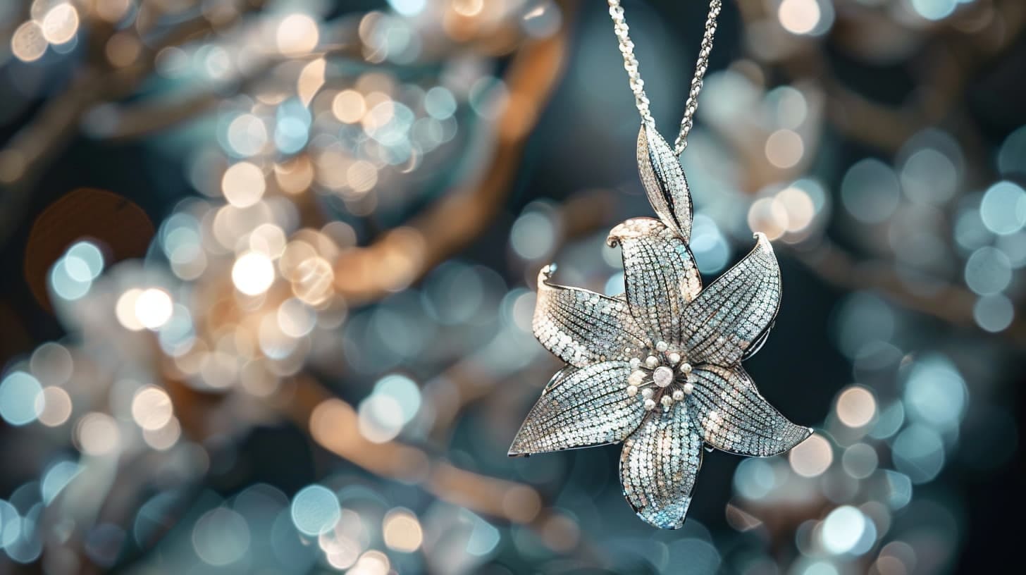 Diamond pave flower pendant in white gold against sparkling bokeh lights