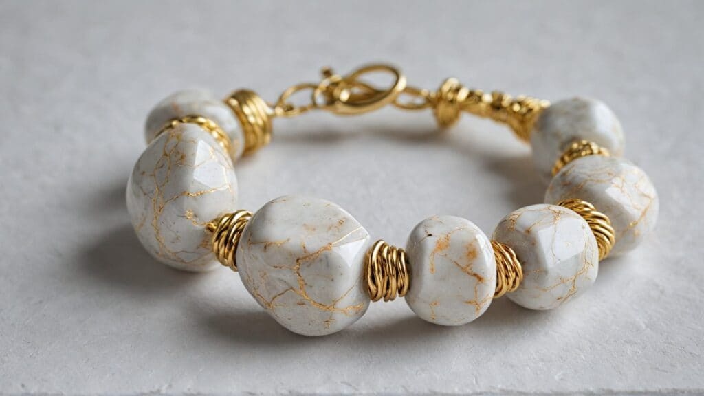 A stylish dolomite beaded bracelet with faceted white stones and gold wire-wrapped accents, displayed on a neutral background.
